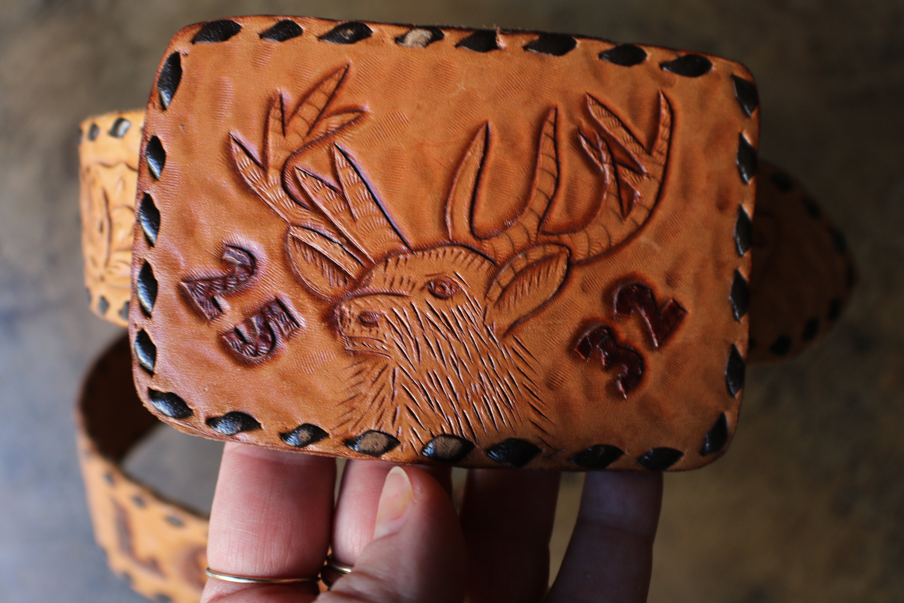 Tooled Leather Belt and Buckle / Light Brown Elk Belt / Etsy