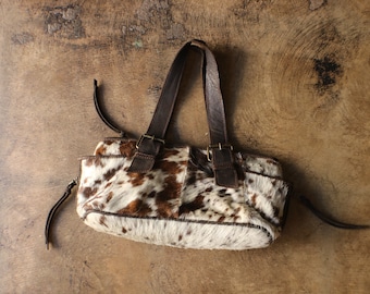 Cowhide Shoulder Bag / Brown and White Purse/ Vintage Baguette Bag