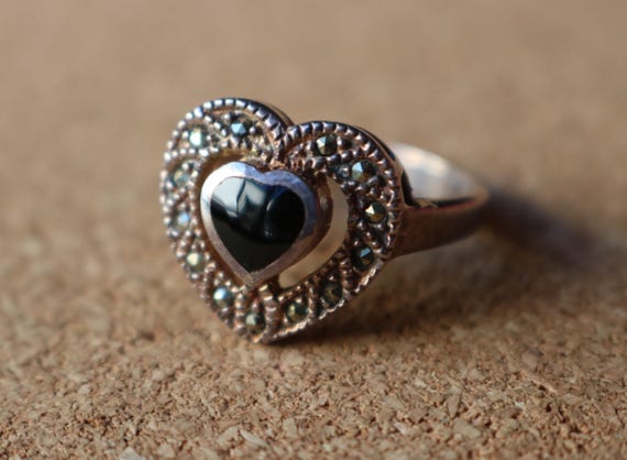 Marcasite Heart Ring Vintage Black and Sterling Jewelry Size