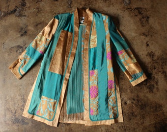 Giacca patchwork anni '90 e camicia con micro pieghe / Abito vintage con giacca / Taglia media da donna