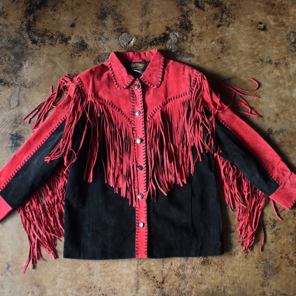 Red Fringed Leather JACKET / Bob Mackie Suede Jacket / Vintage Western Outerwear