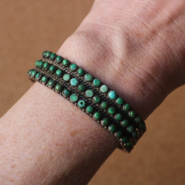 Turquoise Triple Row Cuff / Early American Silver Bracelet / 1930's Southwestern Jewelry