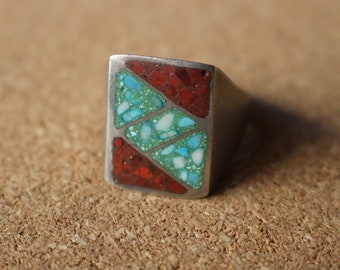 Southwest Signet RING /  Sterling Silver Faux Coral and Turquoise Jewelry / Vintage Size 10 3/4 Men's Ring