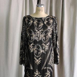 Gold Embroidered Dress , Vintage Transparent Shift, Women's Medium