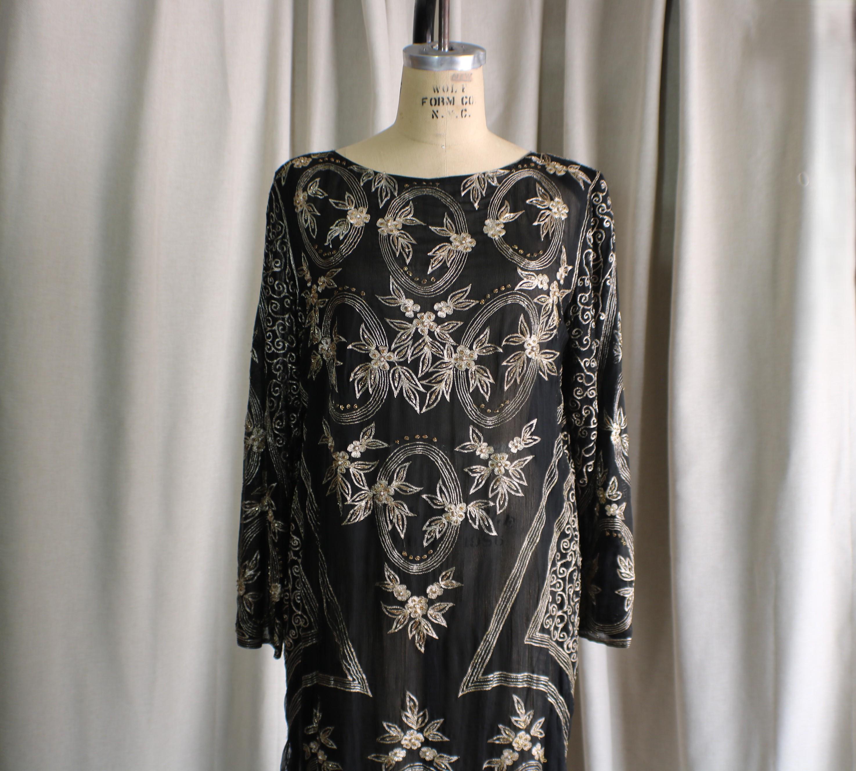 Gold Embroidered Dress , Vintage Transparent Shift, Women's Medium