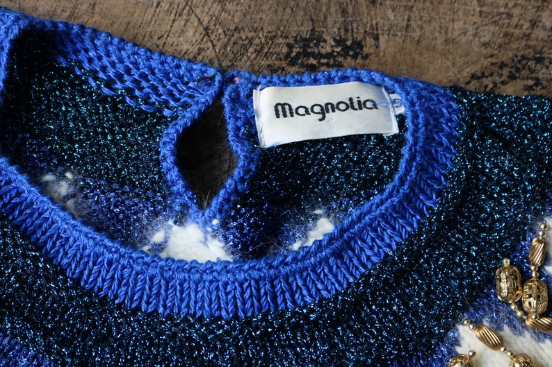 Angora Sweater Royal Blue White Beaded Jumper Vintage Women/'s Lavish Sweater Medium