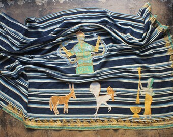 Embroidered Indigo Textile / Large Vintage African Shawl / Striped Snake Rooster Embroidery Wrap