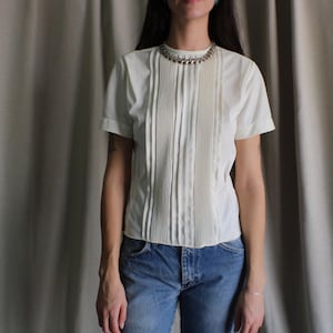1950&#39;s Off White Blouse , Vintage Pleated Women&#39;s Shirt , Medium