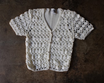 Vintage Crochet Knit Top / Ivory Color Tulip Knit Short Sleeve Cardigan / Women's Small