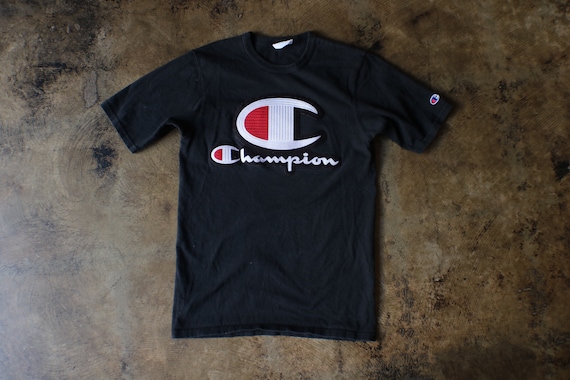 90's Champion T-Shirt / Vintage Black Cotton T Sh… - image 1