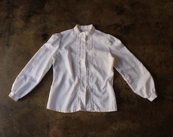 Ruffled Lace Front Blouse / Vintage White Ribbon Button Front Shirt / Vintage 70's Women's Top / Medium