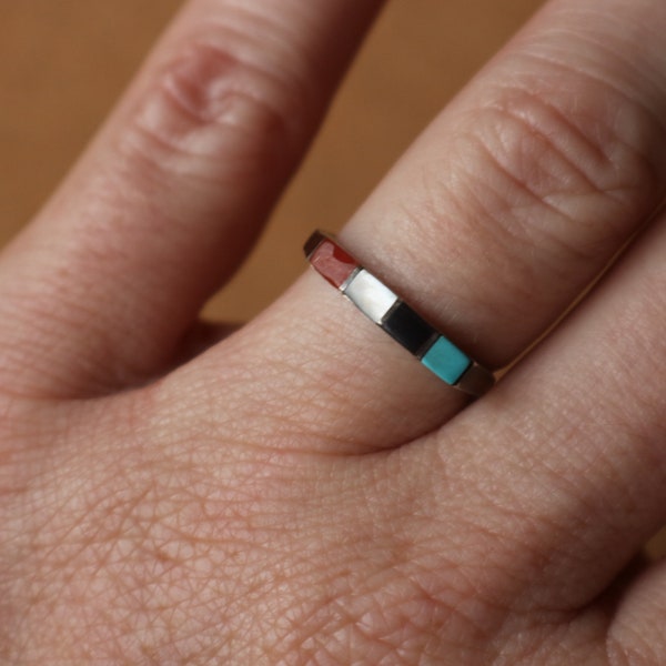 Multi Stone Stacking RING / Colorful Southwest Ring / Sterling Turquoise Coral MOP Ring Size 6 1/2