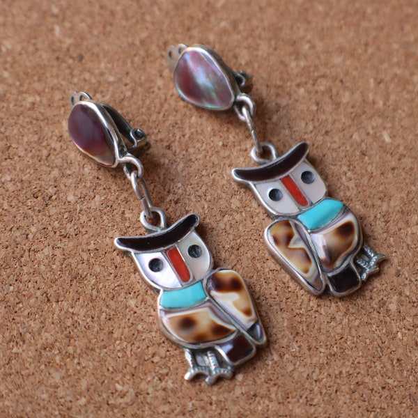 1950's Owl Earrings  / Multi Stone Zuni Style Earrings / Vintage Southwest Jewelry / Clip On