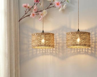 Boho Rattan Pendant Light | Wicker Hanging Lamp | Farmhouse Chandelier for Kitchen Dining Room Bedroom | Handmade Woven Ceiling Light