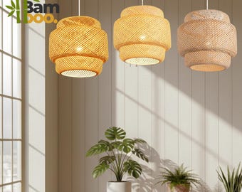 30cm Bamboo Pendant Light – Handwoven Rattan Chandelier for Dining Room and Bedroom