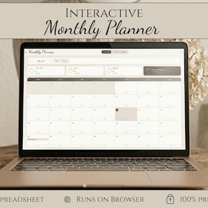 May include: A rose gold laptop displaying an interactive monthly planner interface. The screen shows a calendar layout with dates and a May view. Text at the top reads "INTERACTIVE Monthly Planner." The bottom of the image states "NOT A SPREADSHEET", "RUNS ON BROWSER", and "100% PRIVACY."