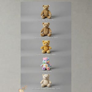 May include: A vertical display of five teddy bears from different eras. The bears include a Steiff Bear from 1902, an Ideal Toy Company Bear from 1903, a Gund Chubby Tubby from the 1950s, a Care Bear from 1983, and an Eco-Friendly Organic Cotton Bear from 2023.