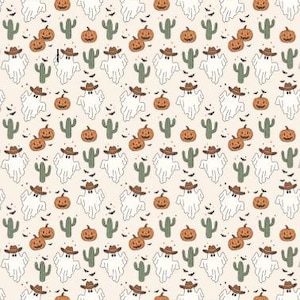 May include: A repeating pattern on a light cream background featuring white ghosts wearing brown cowboy hats, orange jack-o'-lantern pumpkins, green saguaro cacti, and small black bats scattered throughout the design in a grid-like arrangement.