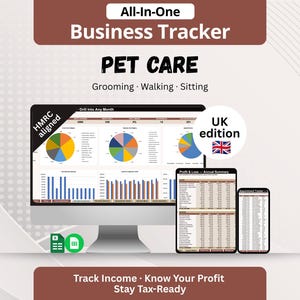May include: An All-In-One Business Tracker for pet care services including grooming, walking, and sitting. The digital interface displays pie charts, bar graphs, and financial tables on a computer monitor, tablet, and smartphone, labeled UK edition.