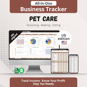 Puede incluir: Un rastreador de negocios todo en uno para servicios de cuidado de mascotas, incluyendo peluquería, paseo y cuidado. La pantalla muestra gráficos financieros, el estado IRS aligned, una bandera US edition e iconos de hojas de cálculo.