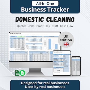 UK Domestic Cleaning Business Tracker | Quotes, Jobs, Profit, Tax (Excel, Sheets)