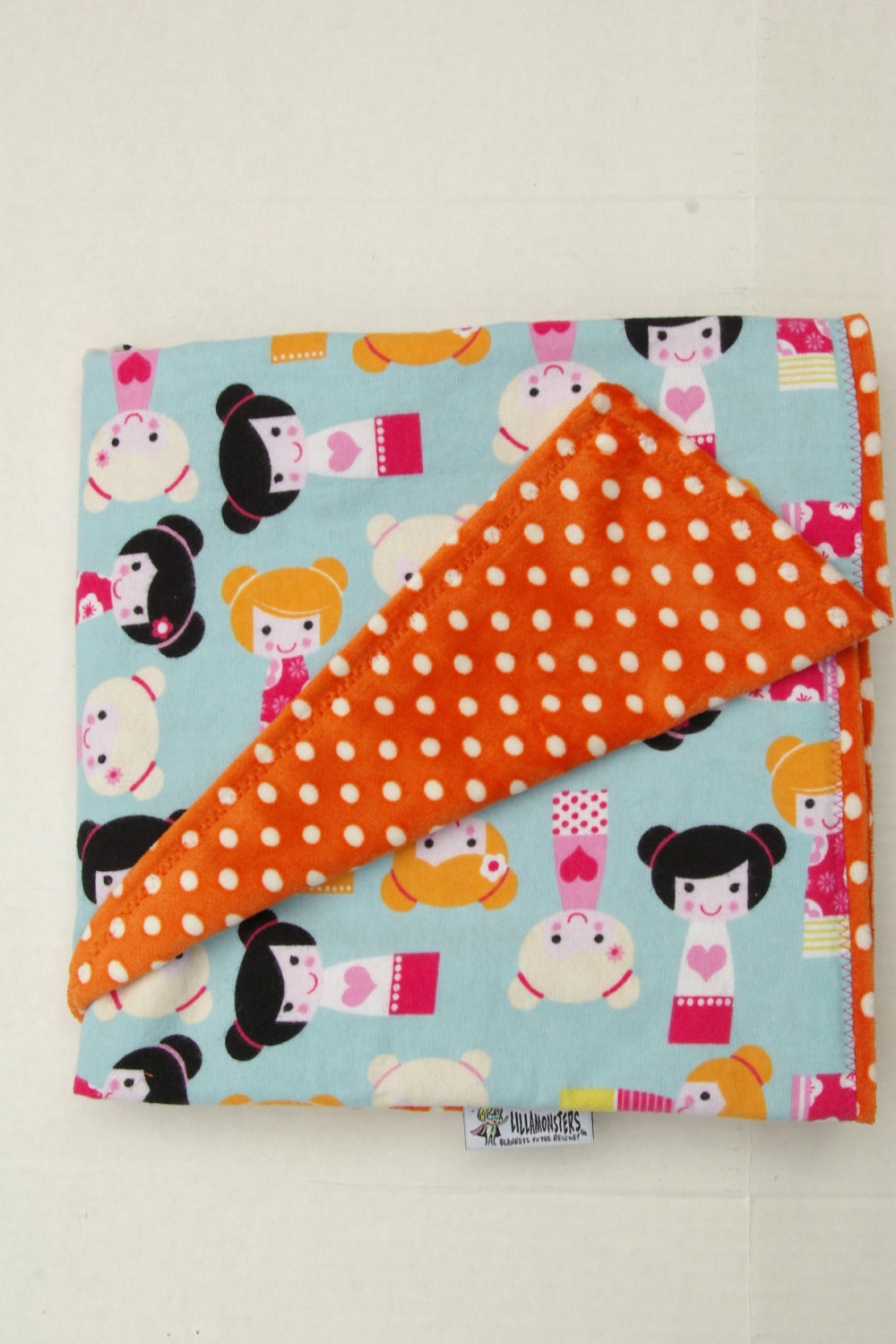 Dolls Cuddly Baby Blanket with Orange Polka Dot Minky Minkee