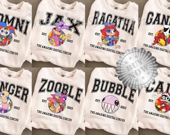 Camiseta personalizada de The Amazing Digital Circus, camiseta de Jax, camiseta de Ragatha, camiseta de Kinger, camiseta personalizada de personajes de TADC, camiseta de cumpleaños de dibujos animados de circo