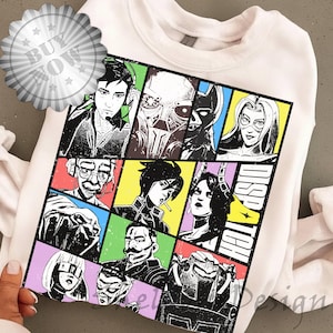 May include: White sweatshirt featuring a colorful comic-style grid of illustrated characters. The word "DISPATCH" is printed vertically in white. A "BUY NOW" sticker is in the upper left corner.