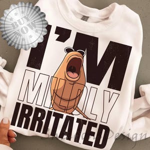 May include: White sweatshirt with the text "I'M MILDLY IRRITATED" in black and white. A cartoon character with sunglasses and an open mouth is in the center. The sweatshirt has a crew neck and long sleeves.