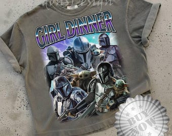 Das mandalorianische und Grogu Hommage Girl Dinner Shirt, Vintage 90er Jahre Bootleg Shirt von Din Djarin Homage, Petro Pascal Bootleg Shirt
