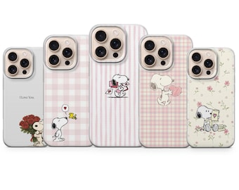 Söt tecknad hundskal – Rosa estetiskt telefonskal för iPhone 17 Pro Max, 16e, 15, 14, 13 & Samsung S25 Ultra, S24 FE, A56, A16, Pixel