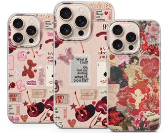 Telefonskal med vintagekollage – Coquette Cherry Y2K Aesthetic Clear Phone Cover för iPhone 17 Pro Max, 16e, 15, 14, 13 och Samsung S25, Pixel