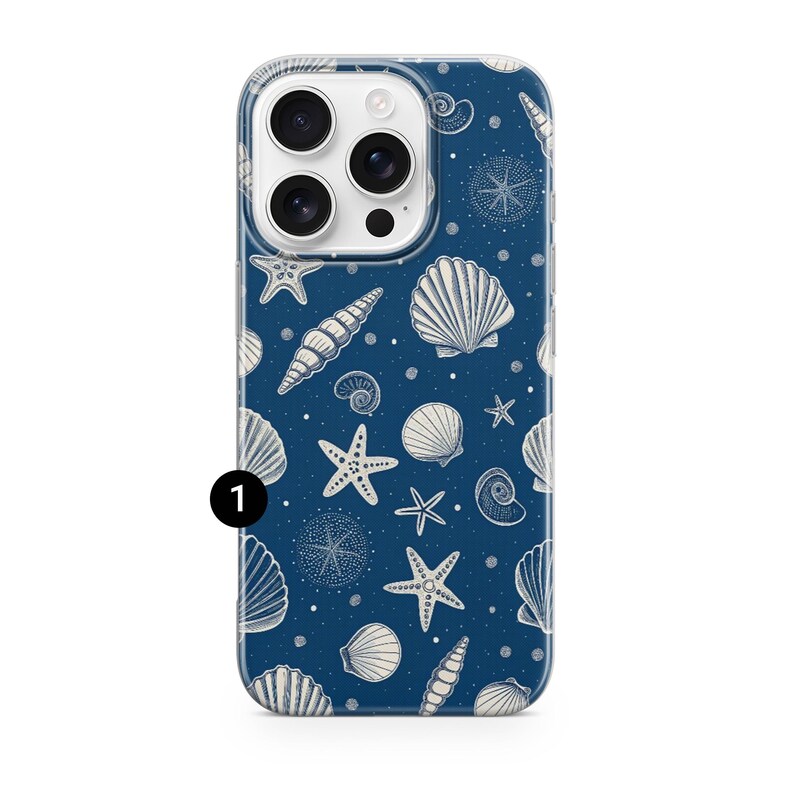 May include: A navy blue phone case featuring a pattern of white seashells, starfish, and spiral shells. The design includes various sizes and shapes of marine life, creating a coastal theme. The case has a glossy finish and a camera cutout.