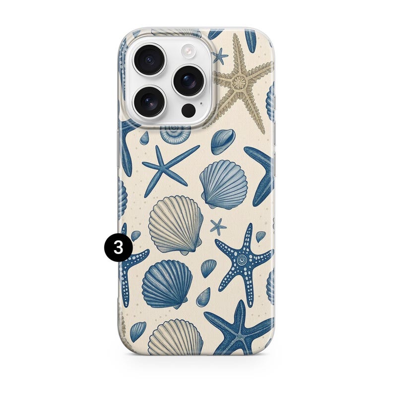 May include: A phone case featuring a beach-themed pattern. The design includes blue starfish and seashells on a beige background. The case has a clear border and a camera cutout.