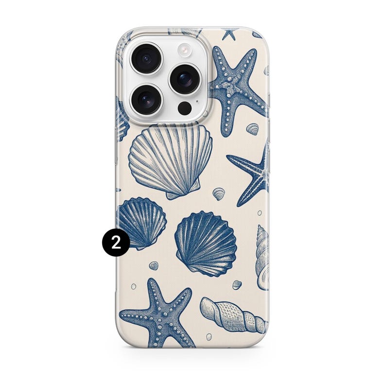 May include: A phone case featuring a cream-colored background with a repeating pattern of blue seashells and starfish. The case has a clear border and a camera cutout.