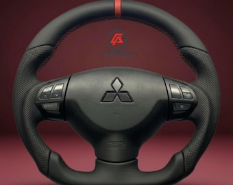 Mitsubishi Lancer 2008-2017 Custom Leather Steering Wheel | Sport Flat Bottom Red Stitch.