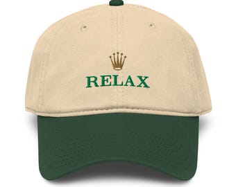 RELAX ガーメントウォッシュドベースボールキャップ | 高級ロゴパロディ、金融ユーモアハット
