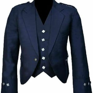 May include: A dark navy blue jacket and matching waistcoat set. The jacket features long sleeves with cuffs, each adorned with two small square silver buttons. The waistcoat has a V-neckline and is fastened with five square silver buttons down the front.