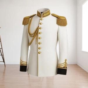 Op de afbeelding: Witte jas in militaire stijl met gouden accenten. De jas heeft gouden epauletten, decoratieve gouden biezen op de kraag, manchetten en voorkant, en gouden knopen. Een gouden ketting hangt van de schouder.