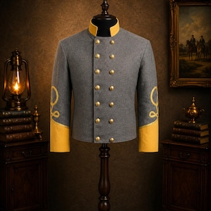 Shelljack van een majoor van de cavalerie van de Confederatie uit de Amerikaanse Burgeroorlog - Grijze wollen jas met gouden knopen