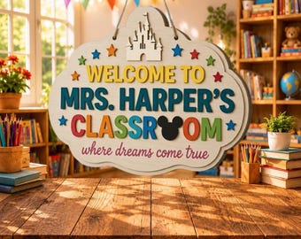 Letrero personalizado de Minnie Mouse para la puerta del aula, decoración de Mickey Mouse para el aula, placa de madera personalizada con nombre, regalo de Disneyland para la habitación del bebé, perchero escolar.