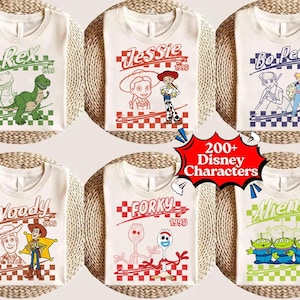 Camiseta a cuadros retro de Disneyland Pixar Toy Story con todos los personajes: Woody, Buzz, Jessie y Bo Peep. Camiseta personalizada a juego para toda la familia. imagen 5