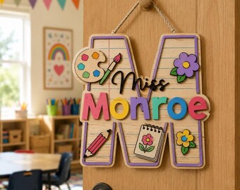 Letrero colgante de madera personalizado para arte, letrero redondo de madera con alfabeto personalizado para profesores de arte, letrero de bienvenida para el aula de arte para profesores.