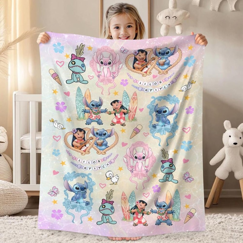 Manta de Lilo & Stitch con lazos coquetos, linda manta de Stitch de Disneyland, manta de Stitch "Ohana significa familia", manta de regalo de cumpleaños para niña. imagen 1
