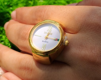 Gold Roman Numeral Clock Ring Watch, Stainless Steel Vintage Accessory