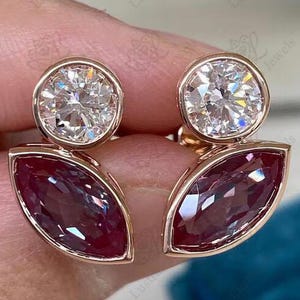 Marquise Rubinörhängen i 925 sterlingsilver, runda moissanitörhängen med två stenar, örhängen med röda ädelstenar i bezel, unik födelsedagspresent