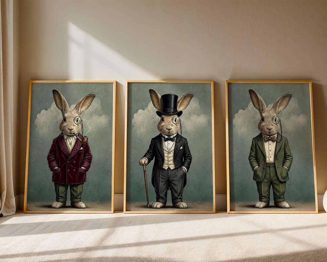 Set of 2 or 3 Vintage Rabbits in Clothes Prints, Quirky Wall Art - Etsy