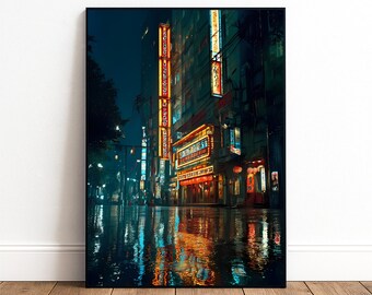 Japanese Neon Theatre Print – Retro Night Street Illustration – Vibrant Rainy City Artwork