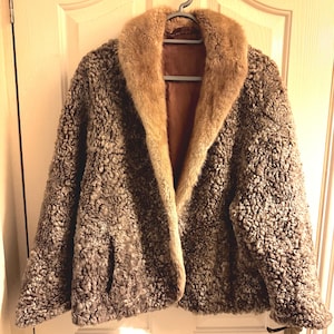 May include: A vintage brown faux fur coat with a light brown fur collar, hanging on a grey hanger. The coat has a textured, curly appearance and a brown interior lining. The coat is displayed against a white door.