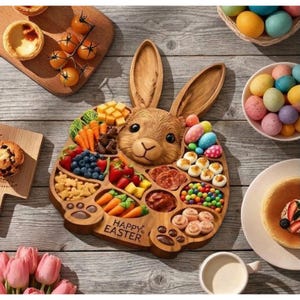 May include: A wooden Easter bunny-shaped serving platter filled with various snacks, including carrots, berries, and candies. The platter has the words "HAPPY EASTER" engraved on it. Other food items and Easter eggs are arranged around the platter.